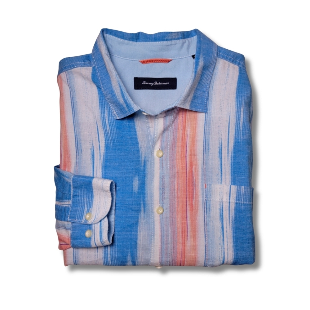 Tommy Bahama Blue & Orange Striped Linen Blend Button-Down Shirt XXL​